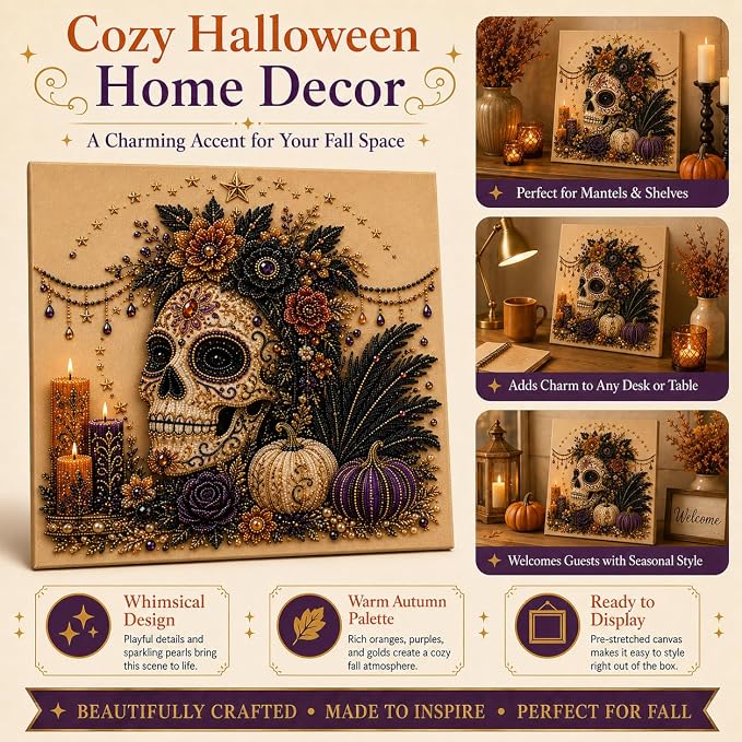Halloween Pearl Art Kit for Adults, DIY Fall Craft (Skull) | Create textured Halloween decor through a screen-free, beginner-friendly craft activity.