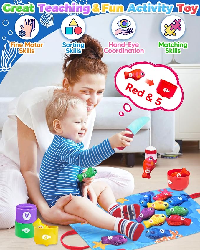 Montessori Toys for 1 2 Year Old Boy Birthday Gifts, Toddler Fishing Game | Learning Educational Toys, Baby Toys 1 Year Old, Cloth Fishing Set with Stacking Cups, Learn Aphabet Numbers, Color Sorting