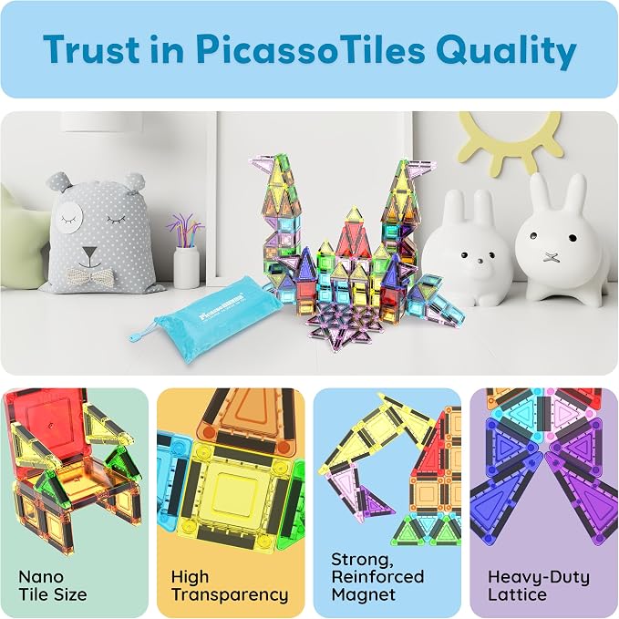 PicassoTiles 65 Piece Magnetic Tiles, STEM Travel Building Set for Kids 3+ | zipper carry pouch bag, portable miniature toy construction, educational Montessori learning, creative birthday gift present