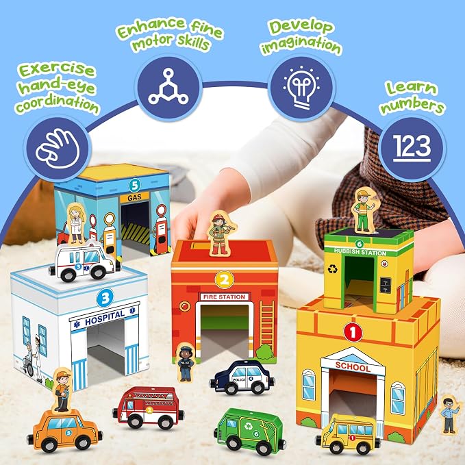 Magnetic Wooden Vehicles & STEM Sorting Blocks – Montessori Toys Age 3+ | Cars&Community Helpers;Sorting&Stacking Toys;Educational Learning Gifts for Kids;Preschool Kindergarten Classroom