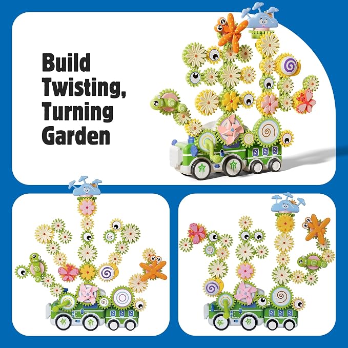 4 in 1 STEM Gear Toys for Kids Ages 3+, Educational Building Blocks, 71Pcs | Flower Construction Kits, Musical Electric Train Sets, Toddler Learning Toys with Light, Boys and Girls Gifts