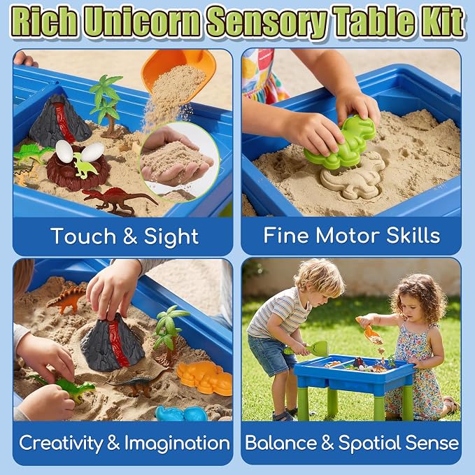 Lehoo Castle Sensory Table with Sand, Sand Table with Lid & 16 Dinosaurs | Sensory Bin with Adjustable Legs, 2.6Lbs Play Sand, Indoor Outdoor Play Sensory Toys, Beach Toy, Birthday Gift for Boys Girls