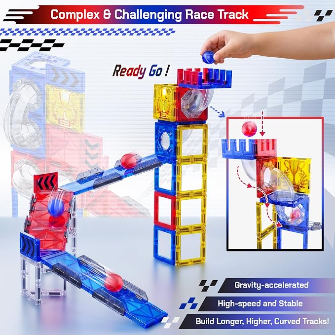 73pcs Magnetic Tiles Marble Run for Kids,STEM Marble Race Track with Rails | Gravity Marble Race,Magnetic Tiles Rail Pack,Preschool Magnetic Tiles for Kids Ages 4-8,Magnet Toy Birthday Gift for Boy
