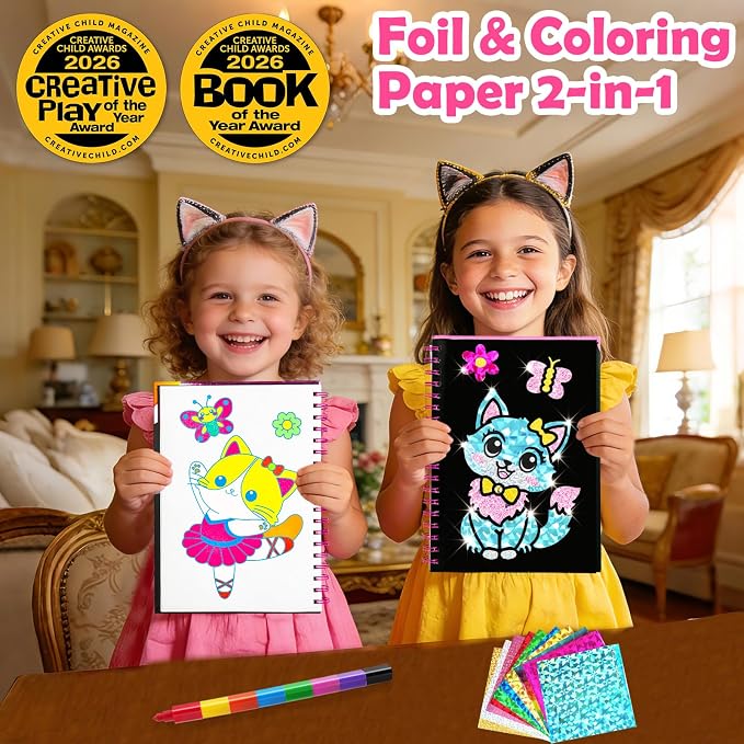 FUNNYB&G Foil Art Craft Kit for Kids, Sparkly Birthday Gift Toy for Girls | No Mess, Kids Ages 4-10 Create Sparkling Artwork, A Creative Gift for Birthdays, Holidays, Travel Activities,Screen-Free Fun
