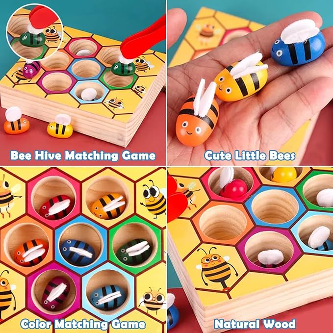 Toddler Fine Motor Skill Toy, Bee to Hive Matching Game, Montessori Wooden Color Sorting Matching Toy, Preschool Educational Learning Toys Gift for Toddler 3 Years Old
