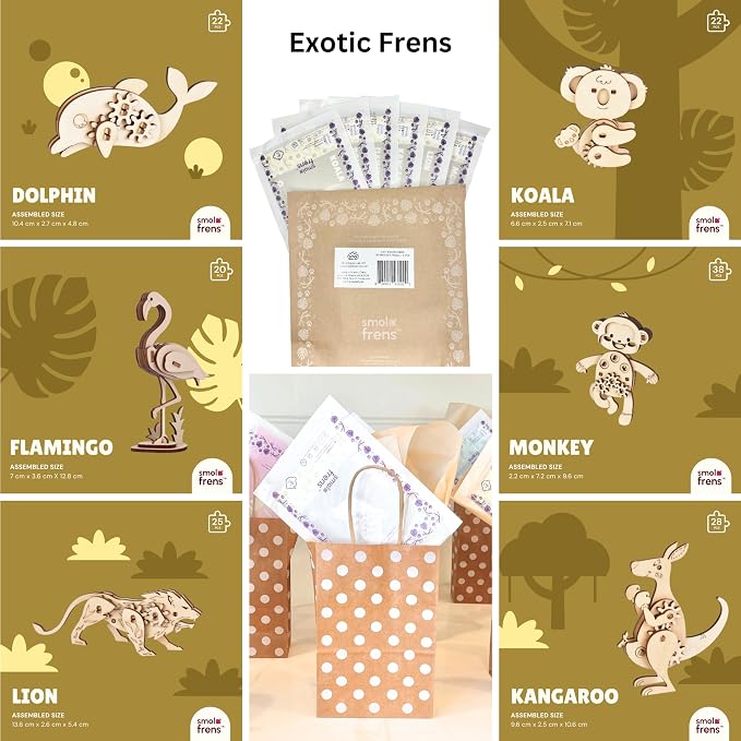 3D Wooden Puzzles for Kids Ages 8+, 6 Pack Animal Puzzles, FSC-Certified Wood, Plastic-Free Toy, STEM Kit for Kids Teens Adults, Wood Craft Model Kit, Individually Wrapped Party Favors - Exotic Frens