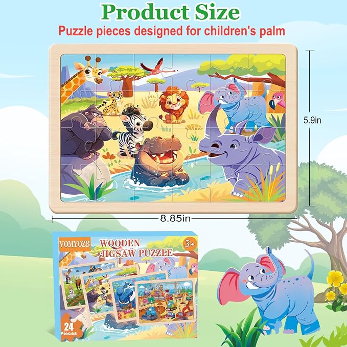 Wooden Puzzles for Kids Ages 4-6, 4 Packs 24 Pcs Wooden Jigsaw Puzzles for Toddlers Ages 3-5, Preschool Educational Puzzle Toys Gifts for 3 4 5 6 Boys Girls