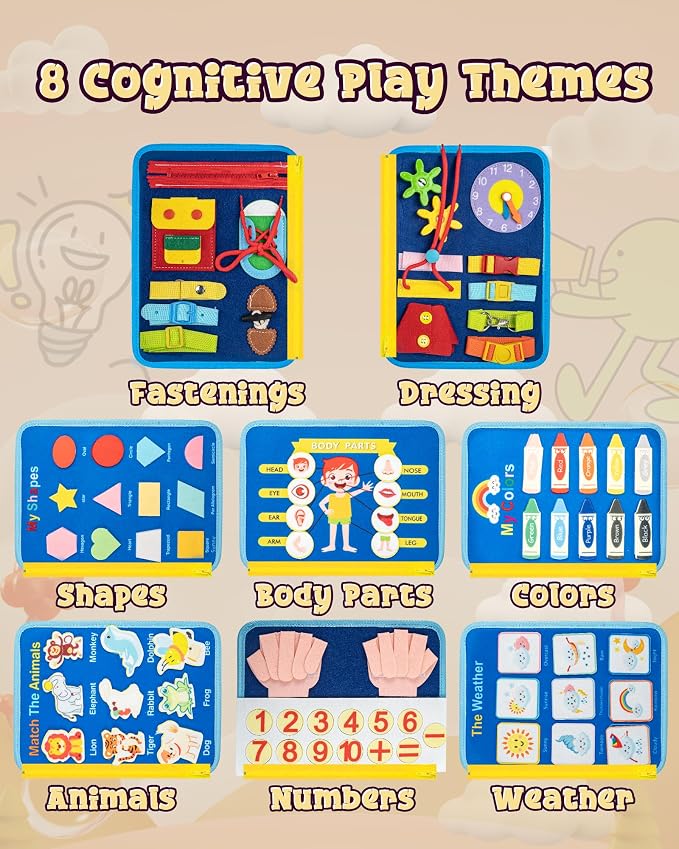 Montessori Busy Board for Toddlers, 8-Page Sensory Activity Book for Fine Motor Skills & Basic Dress Learning, Portable Travel Toy for Preschool Kids, Birthday Gift for Boys and Girls