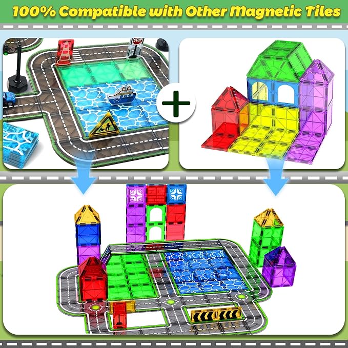 Magnetic Road Tiles Set with Pull-Back Cars,Magnet Building Blocks for Kids Ages 4-8 with Magnetic Ship & Traffic Lights,STEM Educational Preschool Learning Toys,Ideal Gift for Boys and Girls