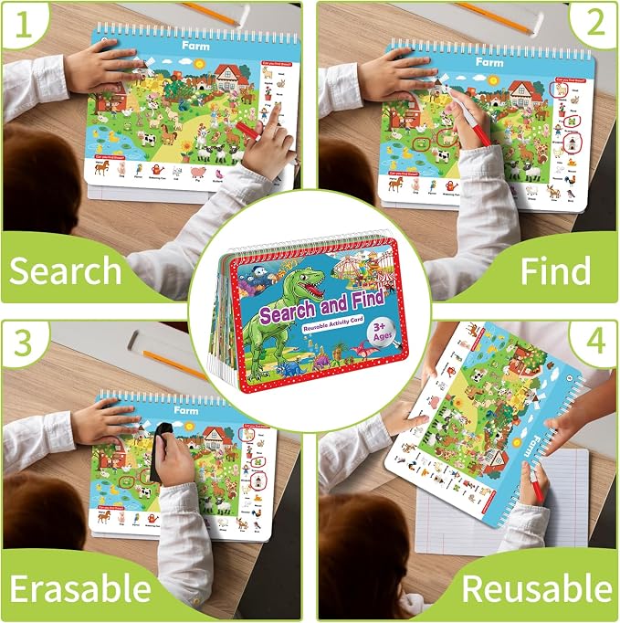 Elfew Search and Find Reusable Activity Book for Kids 3-5 4-8, Travel Games | 24 Unique Themed, Wipe Clean Educational Toys, Car Games Travel Toys for Toddlers, Kids Airplane Road Trip Travel Essentials