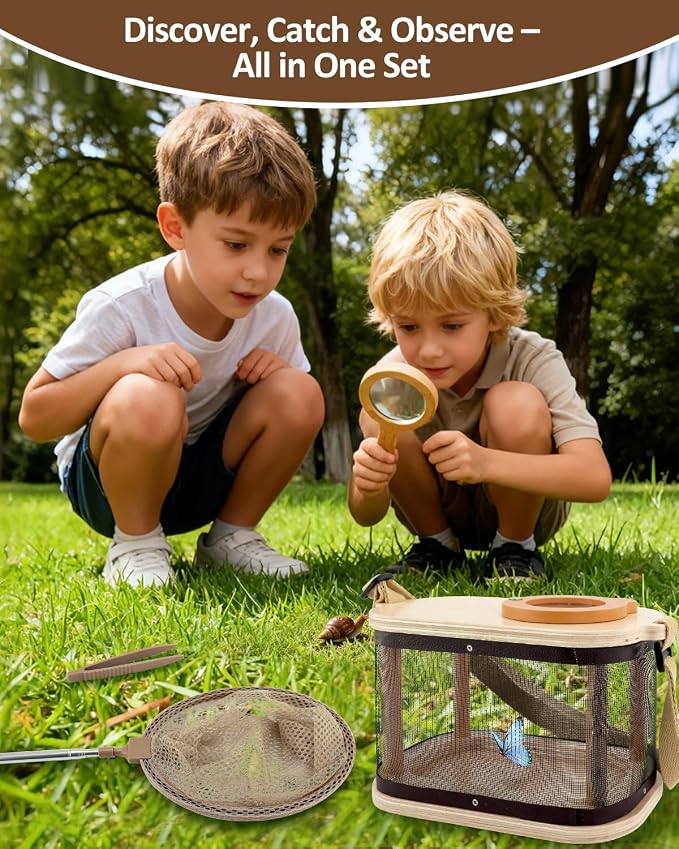 Wooden Bug Catcher Kit for Kids Ages 3-8, Outdoor Explorer Set | Bug Habitat • Magnifying Glass • Butterfly Net • Catch & Release • Nature Discovery