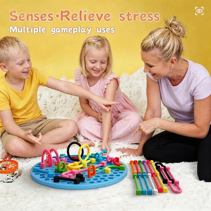 2PCS Sensory Activity Board, Sensory Board,Stress Relief Silicone Quiet Fidget Toy for Toddlers Kids Adults, ADHD Autism Sensory Toys | Includes Portable Travel Bag & 12 Strings（Blue+Orange）