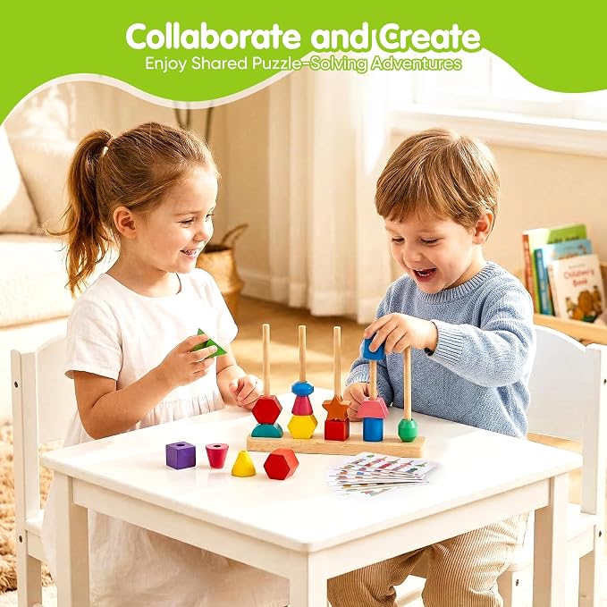 Montessori Wooden Threading Beads Set for Toddlers 3 4 5, Bead Sequencing & Stacking Toy with Pattern Cards, Lacing Beads, Shape Matching Stacker, Fine Motor STEM Learning Gift