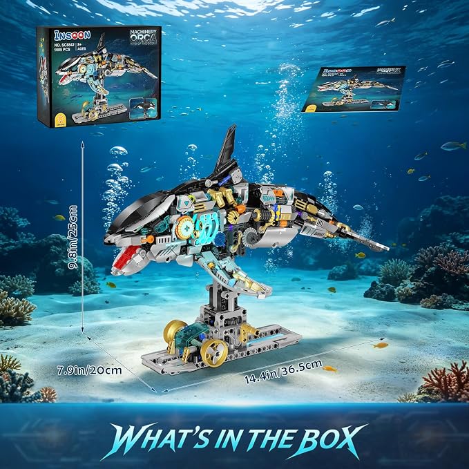 INSOON Mechanical Orca Building Set STEM Toy with LED Light for Boys 12+ | Interactive Whale Building Block with Crank Mechanism, Ocean Animal Model Christmas Birthday Gift for Teens Adults(1005 PCS)