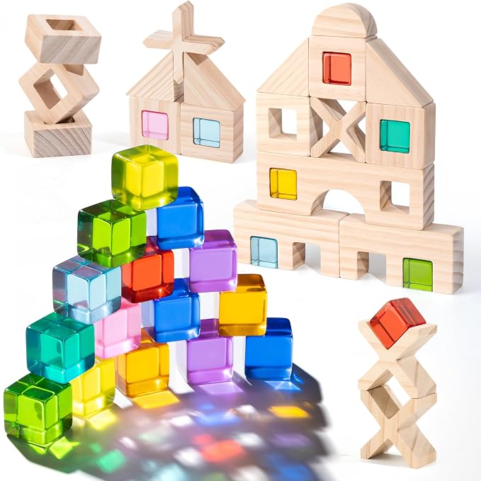 Woodtoe 47 PCS Rainbow Blocks Set, Wooden Building Blocks for Kids Ages 3-6 | Montessori Stacking Blocks Toys, 25 Gem Blocks, 22 Wooden Blocks, Educational STEM Creative Birthday Toys Gifts for Boy Girl
