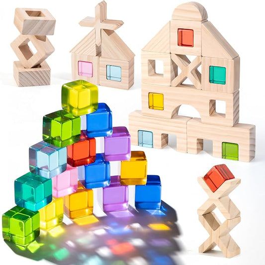 Woodtoe 47 PCS Rainbow Blocks Set, Wooden Building Blocks for Kids Ages 3-6 | Montessori Stacking Blocks Toys, 25 Gem Blocks, 22 Wooden Blocks, Educational STEM Creative Birthday Toys Gifts for Boy Girl