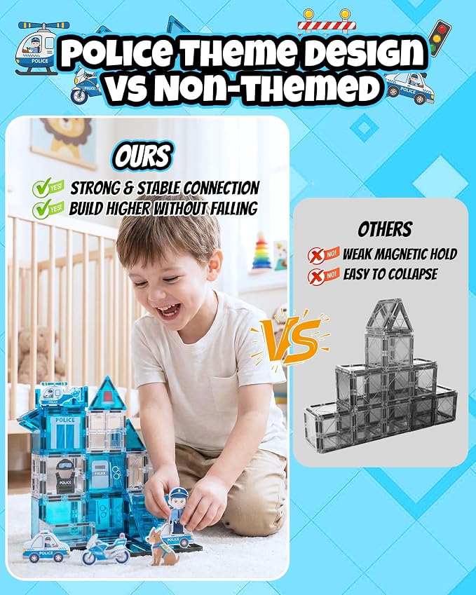 Large Magnetic Tiles for Kids, STEM Toys Building Set, Age 3+,42 Piece | Police Magnetic Tiles Building Blocks with City Scene Pieces, Police Officer Elements, Ideal Gift for Boys and Girls