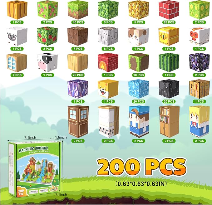 200PCS Magnetic Blocks, Magnetic Building Blocks, 0.63in Magnetic Building | STEM Game Stacking Toys for Kids, Birthday Gifts for Boys and Girls Age 3+ Years Old