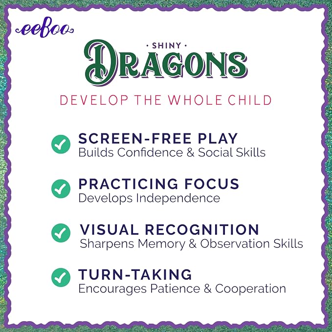 eeBoo Shiny Dragons Memory & Matching Game, Ages 3+, 1-4 Players | Introduces mythical dragons. Sharpens recognition, concentration & memory skills. Includes 48 foil tiles, 24 pairs