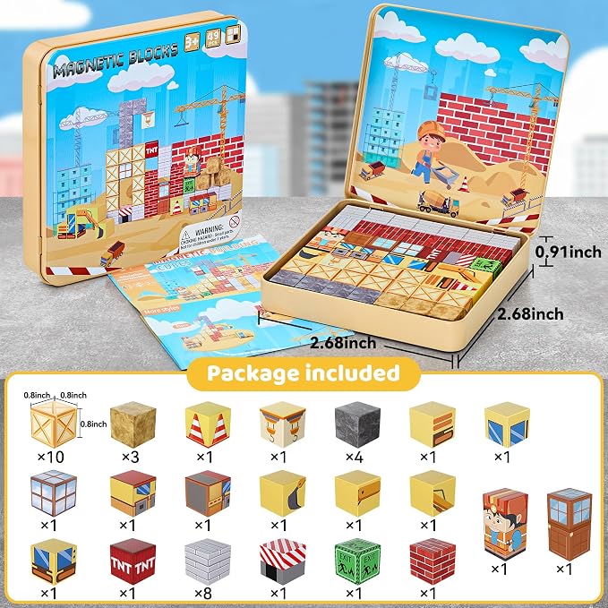 49PCS Magnetic Blocks with Iron Storage Box, Magnetic Cubes Tiles | STEM Educational Stacking Magnets Travel Toys for Kid Ages 3 4 5 6 7 8 9 10 11 Birthday Party Supplies Gifts for Boys Girls