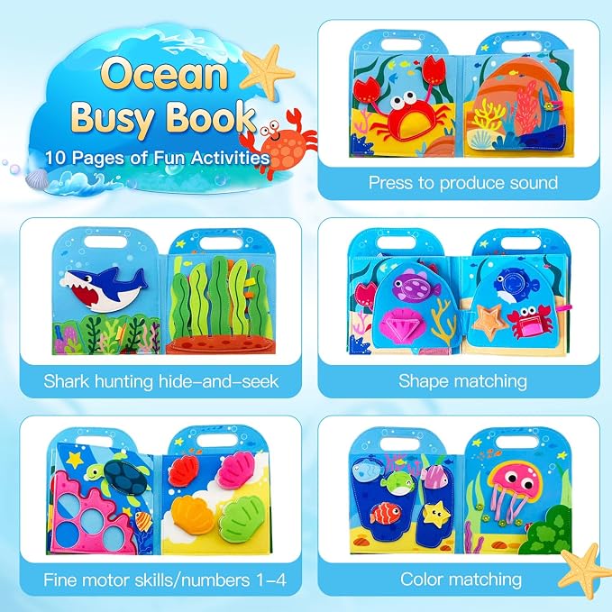 Travel Toys for Toddlers,Ocean Busy Book for Toddlers 1-3, Felt Activity Book, Busy Board for 1 Year Old Girls Montessori Toys, Quiet Book FineMotor Skills Learning Toys,Gifts for Children