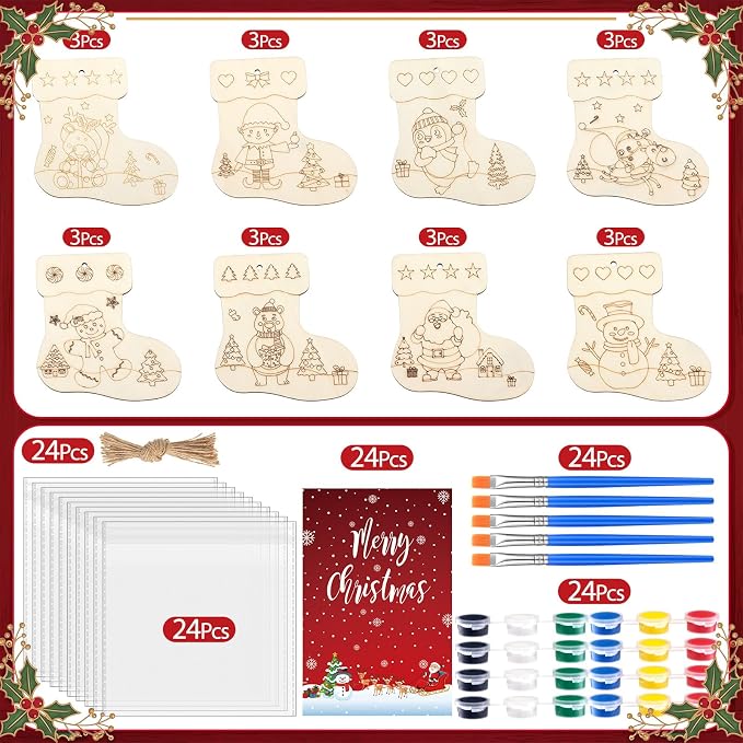Saypacck 24 Pcs Christmas Stocking Party Favors Wooden Paint Craft Kits | Unicorn Mermaid Designs, Brushes Paints Organza Bags Included, Birthday Goodie Bag Fillers, Kids Girls Thank You Gifts