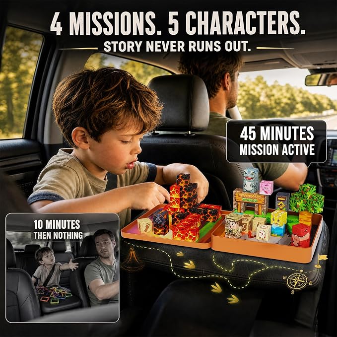 Dinosaur Magnetic Blocks Travel: 49PCS Prehistoric Cubes Toy Set | 4 Story Missions & Explorer Figure for 45+ Min Quiet Focus Game 350g Tin Travel Toy for Car Airplane Activities Kids Ages 3-8