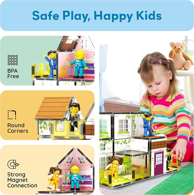 PicassoTiles Magnet Tile Building Block Family Homestead Doll House Theme Playset 8 Character Action Figures Double Sided Magnetic Tiles Printing STEM Education Learning Kit Toy Set Kids Ages 3+ PTQ06