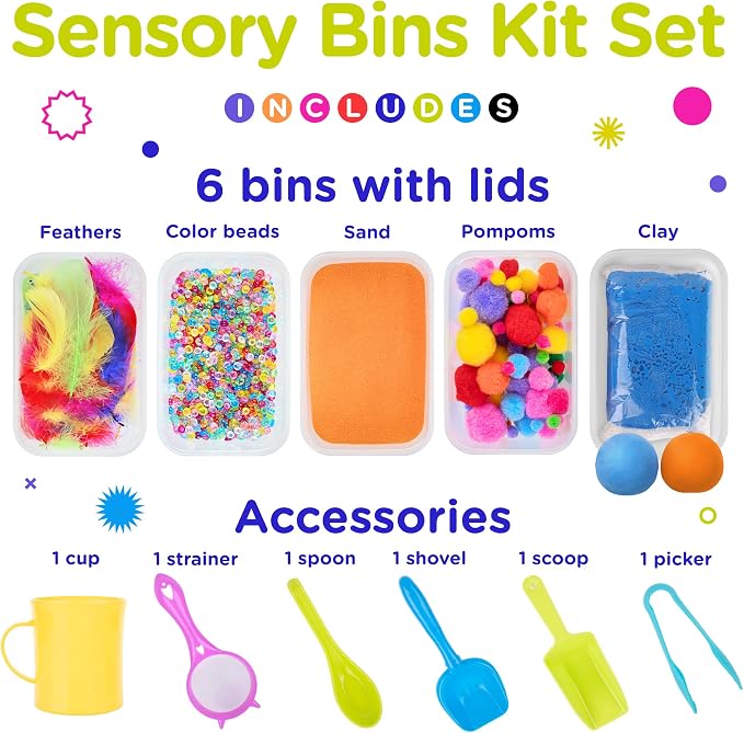 Sensory Kit for Toddlers and Kids - Includes 6 Bins with Lids, Play Tools, Sand, Feathers, Clay, Color Beads and Pom Poms Kids Box Fillers