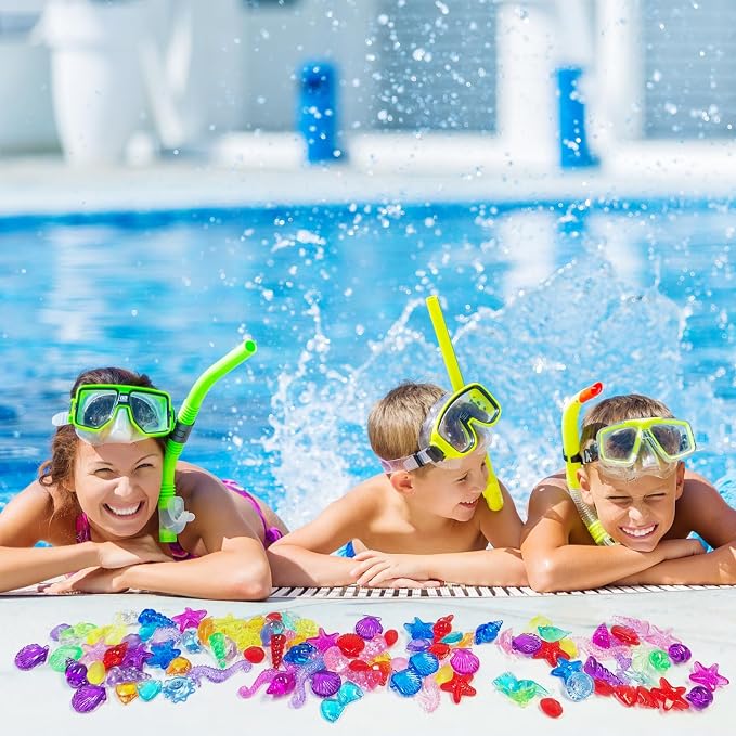 100+ Pcs Mini Sea Shell Ocean Sensory Bin Filler Diving Gem Toys for Kids | Little Acrylic Plastic Seashells Animals Figurines Decorating Crafts, Mermaid Pool Party Favors, 15 Colors 12 Styles