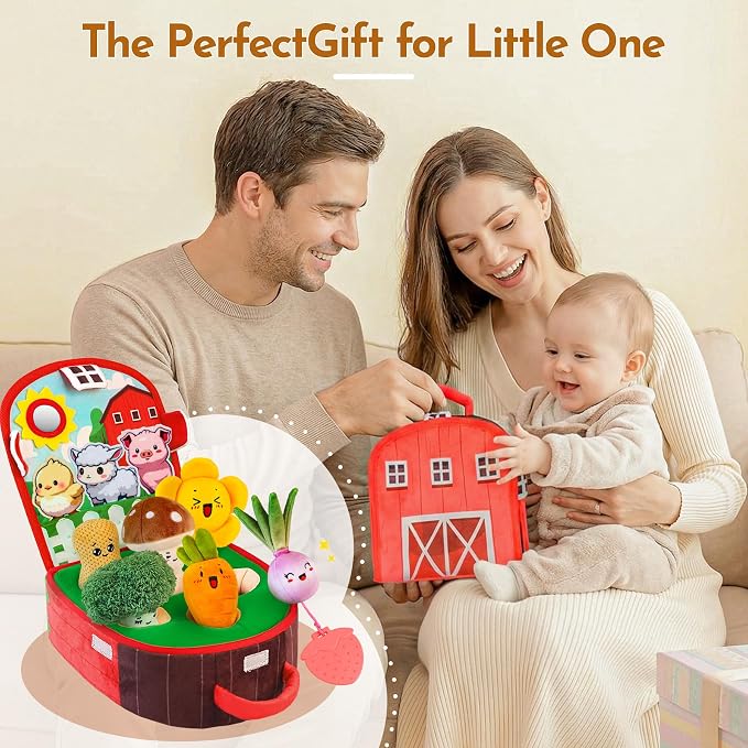 Baby Toys 6-12 Months, Farm Vegetable Garden Plush Toy with Animal Finger Puppets, 6 Month Old Montessori Sensory Toys with Rattles, Squeaker, Textures, Teether, Birthday Boy Girl Gifts