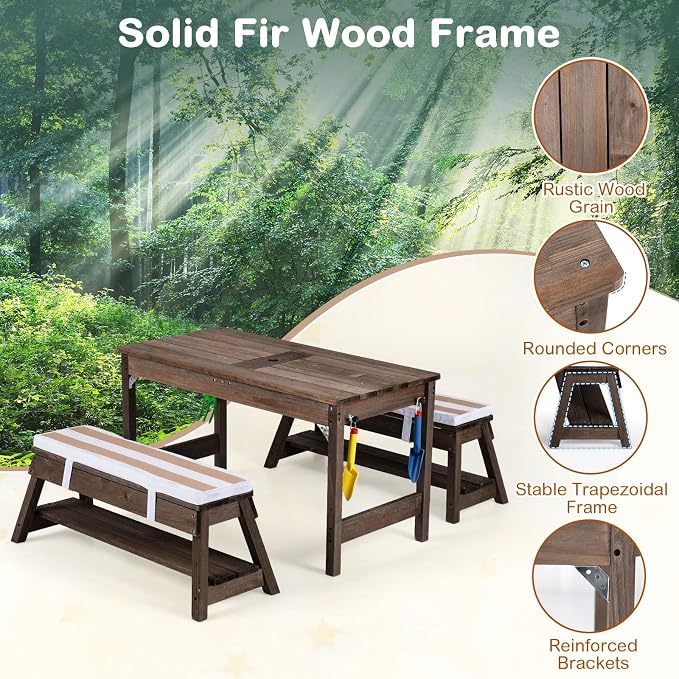 Costzon 4-in-1 Kids Picnic Table with Umbrella, Sand & Water Sensory Bins | Wooden Toddler Outdoor Table with Benches, Cushions, Cover, Gardening Tools, Kids Outdoor Furniture for Patio Backyard