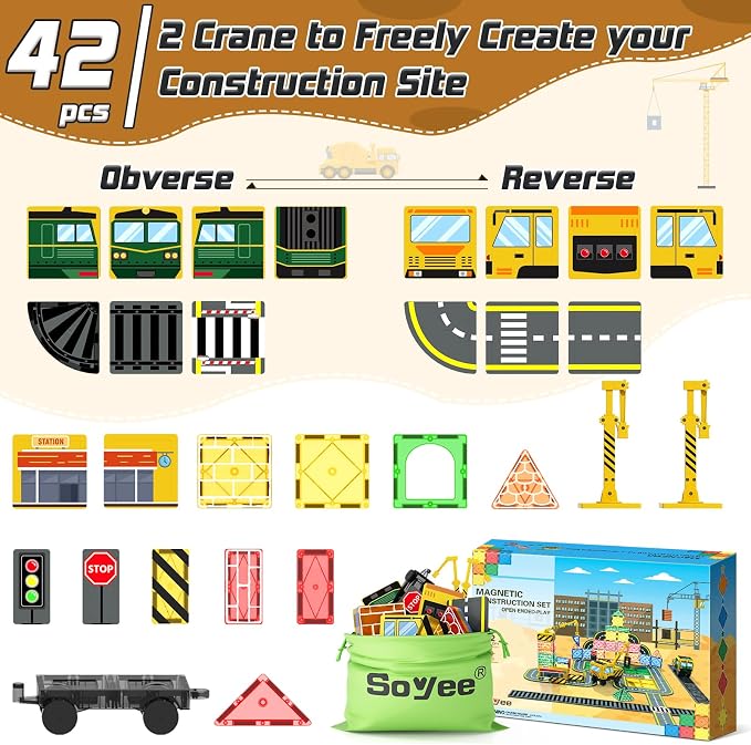 Magnetic Tiles with 2 Cranes, Magnetic Construction Toys STEM Building Toys | 2-in-1 Transportation Magnetic Building Blocks Boys Toys Gifts for Ages 3-12 STEM Learning Toy Develops Creativity