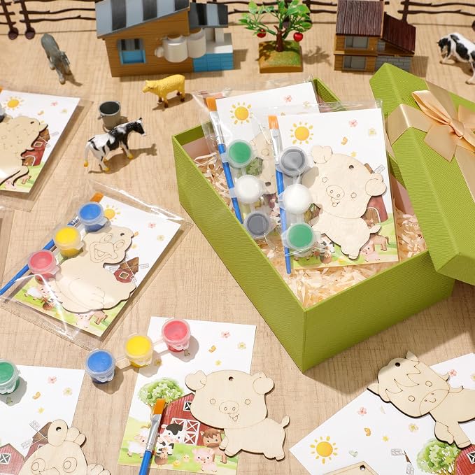 24 Pcs Farm Animals Party Favors Wooden Paint Craft Kits | Farm Theme Birthday DIY Activity, Animal Shapes with Barn,Organza Bags for Goodie Bag Fillers