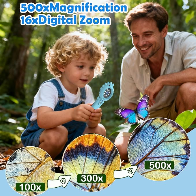 Portable Microscope for Kids & Toddlers, Mini Pocket Handheld Microscope with Photo and Video Function, STEM Educational Science Kit (32GB Card) (Blue) (Blue)