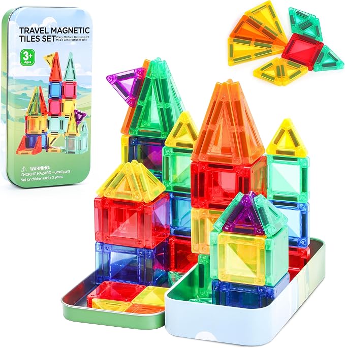BENOKER Mini Magnetic Tiles Travel STEM Toy with Iron Box for Boys & Girls | Creative magnetic building tiles, open-ended educational STEM toy, great birthday gift for toddler boys and girls