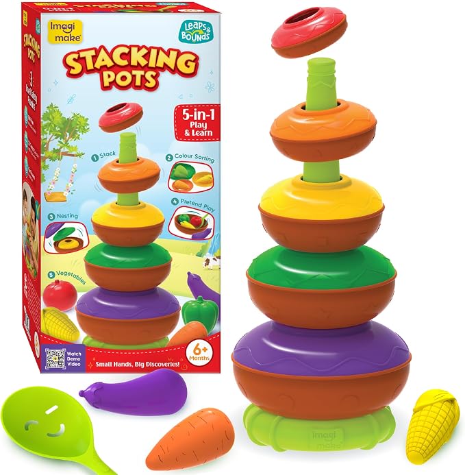 Imagimake Leaps & Bounds - Stacking Pots, 5-in-1 Activity Toy, Ages 6M+ | Early Learning Toy, Learn Colors, Stacking, Nesting & Size Sorting, First Birthday Gift for Babies 6,7,8,9,10,11,12 Months