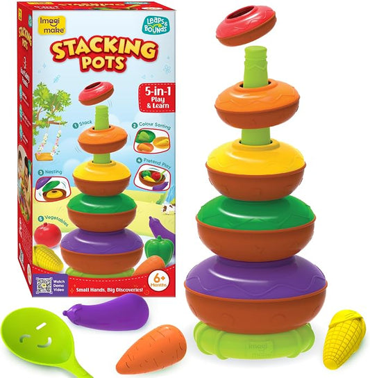 Imagimake Leaps & Bounds - Stacking Pots, 5-in-1 Activity Toy, Ages 6M+ | Early Learning Toy, Learn Colors, Stacking, Nesting & Size Sorting, First Birthday Gift for Babies 6,7,8,9,10,11,12 Months