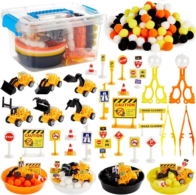 OBUSATT 200 Pcs Construction Sensory Bin Filler Toys with Storage Box - Fine Motor Counting Sorting Set Montessori Traffic Signs Pompoms Vehicles Educational Activities for Kids Toddlers Preschool