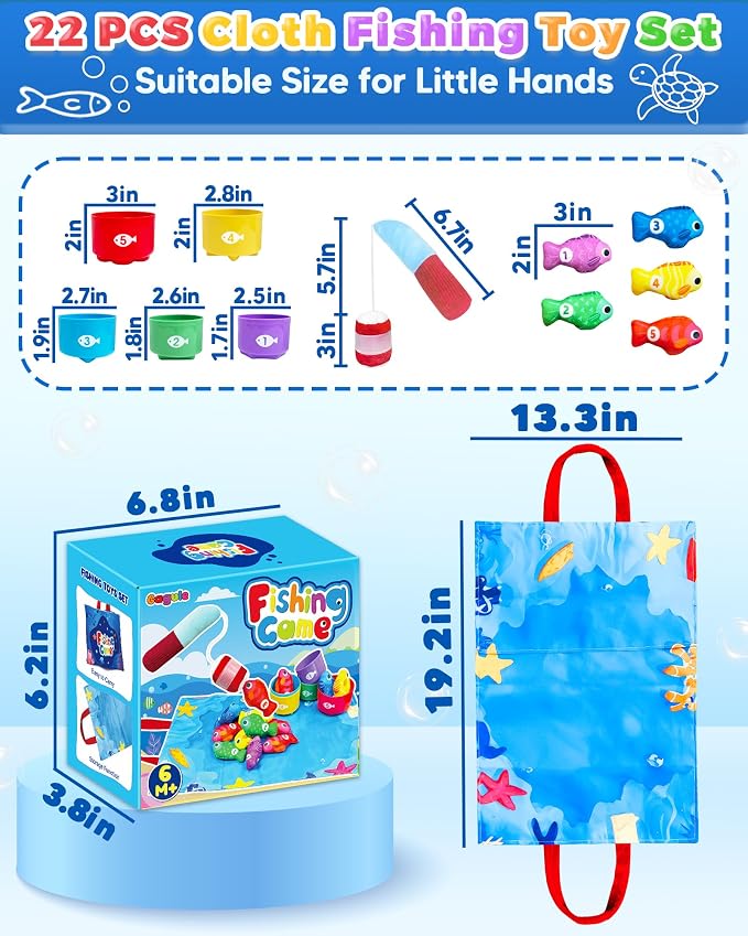 Montessori Toys for 1 2 Year Old Boy Birthday Gifts, Toddler Fishing Game | Learning Educational Toys, Baby Toys 1 Year Old, Cloth Fishing Set with Stacking Cups, Learn Aphabet Numbers, Color Sorting
