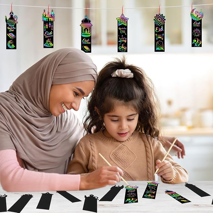 JUNEBRUSHS 30Pcs Ramadan Crafts, Rainbow Magic Ramadan Scratch Bookmarks for amadan Gifts Eid School Classroom Activities Ramadan Arts and Crafts Eid Party Favors