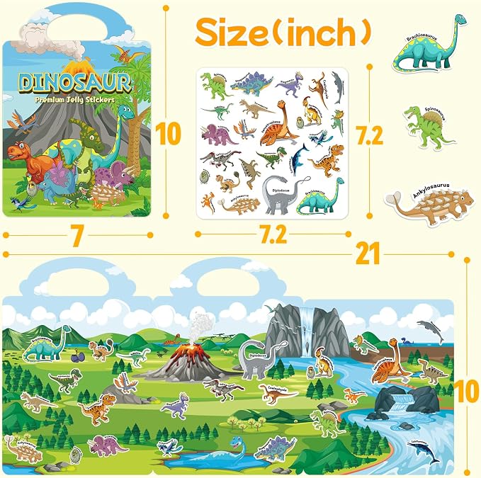 3 Sets of Reusable Jelly Stickers Books - Jelly Sticker Books for Kids - Airplane and Car Travel Toys Educational Gifts for Boys and Girls (Dinosaur+Ocean+Animal