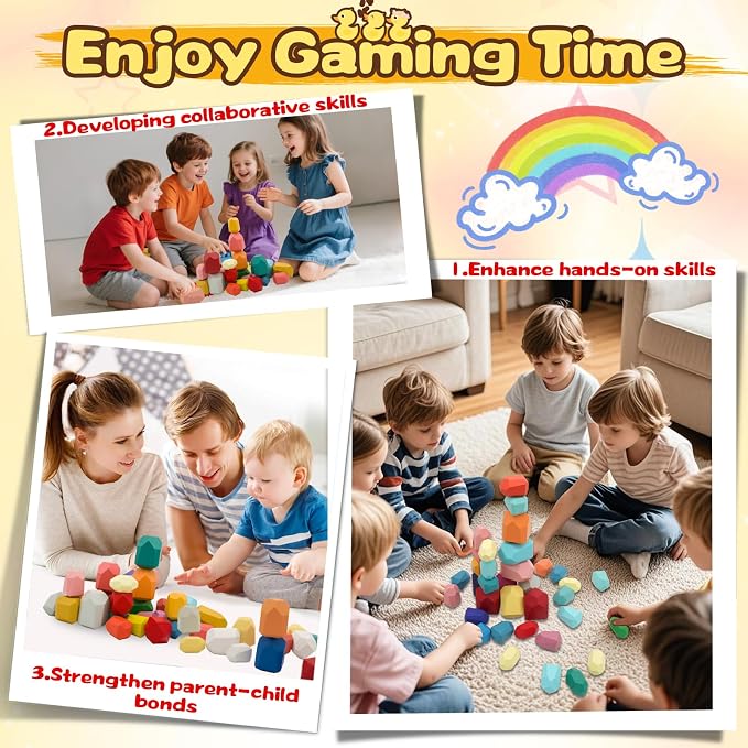 MEGRANATE 39PCS Montessori Wooden Stacking Rocks Toys Colorful Stacking Stones Building Blocks Games Sensory Toy for Kids Educational Learning Toys for 3+ Years Old Kids