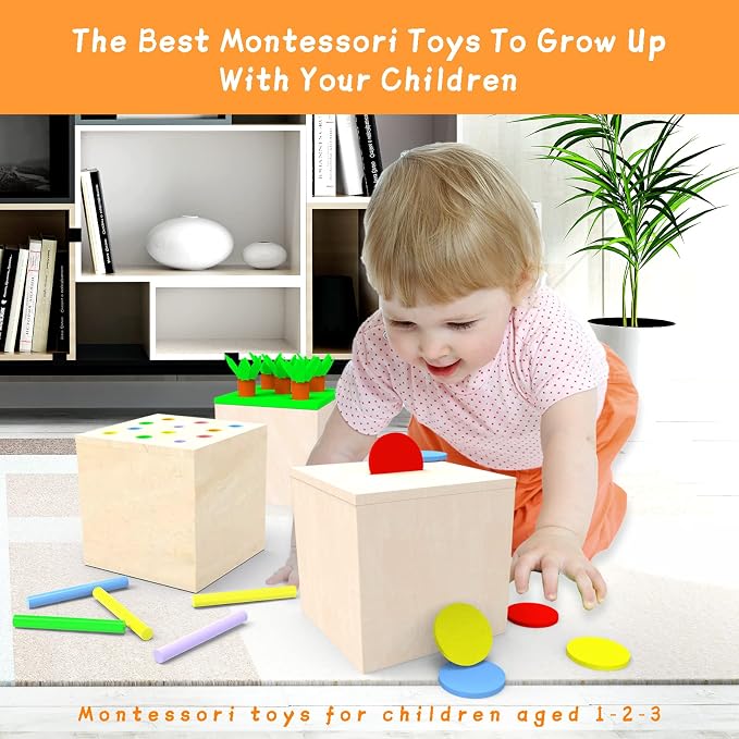 Adena Montessori 3 in 1 Wooden Play Kit for Babies 6-12 Months | Color drop, carrot harvest, coin box boost motor, logic and color sorting. Bright wood for toddlers independent play.