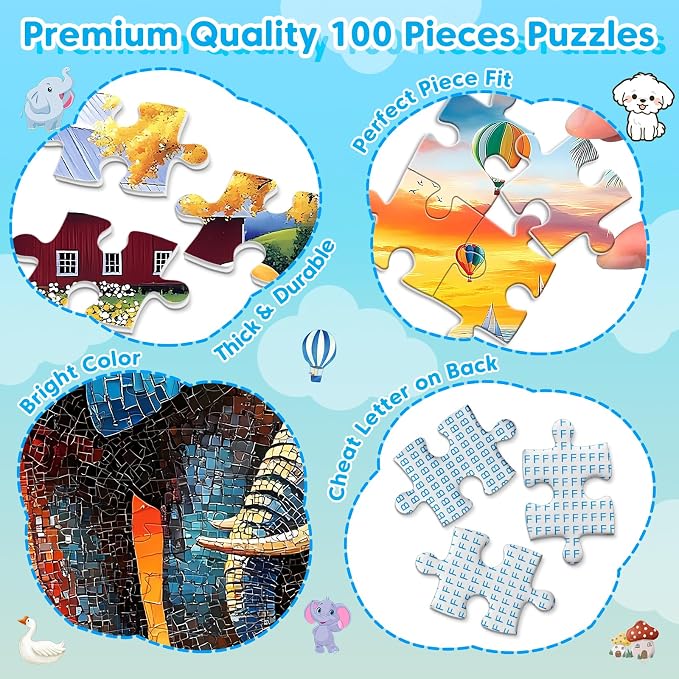Puzzles for Kids Ages 6-8 8-10 Year Old - Elephants, Farm, Beach, Dogs, Large Piece Puzzles for Seniors Adults 100 Pieces Jigsaw Puzzle for Kids Ages 4-6, Learning Educational Toys