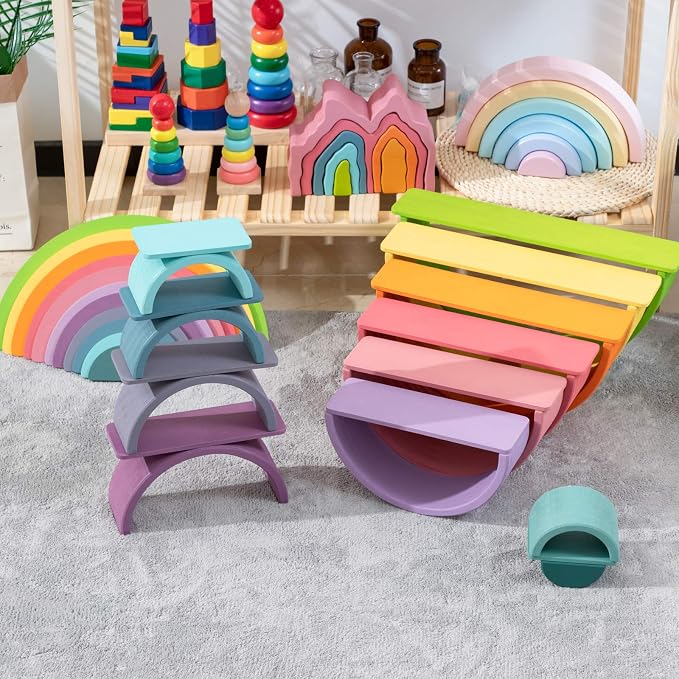 Wooden Rainbow Stacking Toy, 12 Piece Multicolor Wooden Arch Stacker, Extra Large Pastel Bow Shaped Stacking Toy, Nesting Puzzle Building Blocks Educational Toys for Kids Toddlers