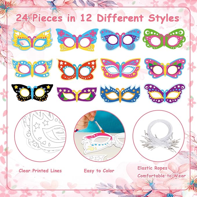 24 Pcs Color Your Own Butterfly Crafts for Kids Summer School Party | Coloring Masks Craft DIY Paper Arts and Crafts for Classroom Favors Masquerade Dress-Up Party Supply Fun Art Game Activity