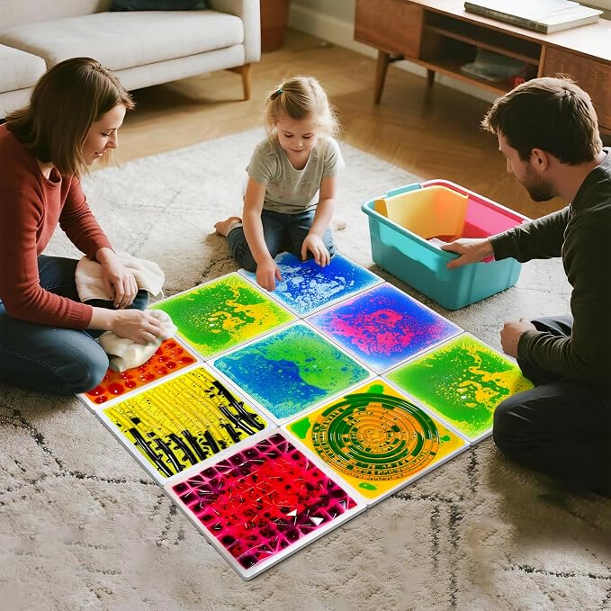 Sensory Floor Tiles for Kids: 12" Liquid and Textured Mats, 4 Pack | Visual and Tactile Surfaces for Autism Sensory Play, Texture Exploration, Sensory Paths, Stepping Games, and Sensory Rooms