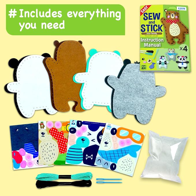 EZCRA Bear Sewing Kit for Kids Ages 4-8 - 4 Beginner Felt Projects | Animal Sewing Craft Kit for Boys and Girls. 4 Beginner DIY Felt Projects. No Mess Gift for Boys and Girls.