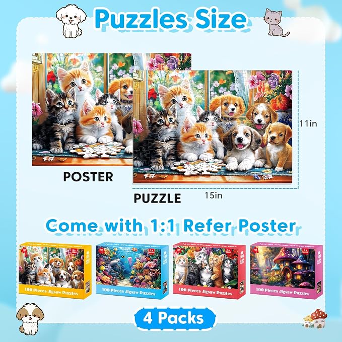4 Packs 100 Piece Puzzles for Kids Ages 4-6 6-8 8-10, Cats Dogs Sea World Mushroom Large Piece Puzzle for Seniors 100 Pieces Adults Jigsaw Puzzle Learning Educational Xmas Toys for Boys and Girls
